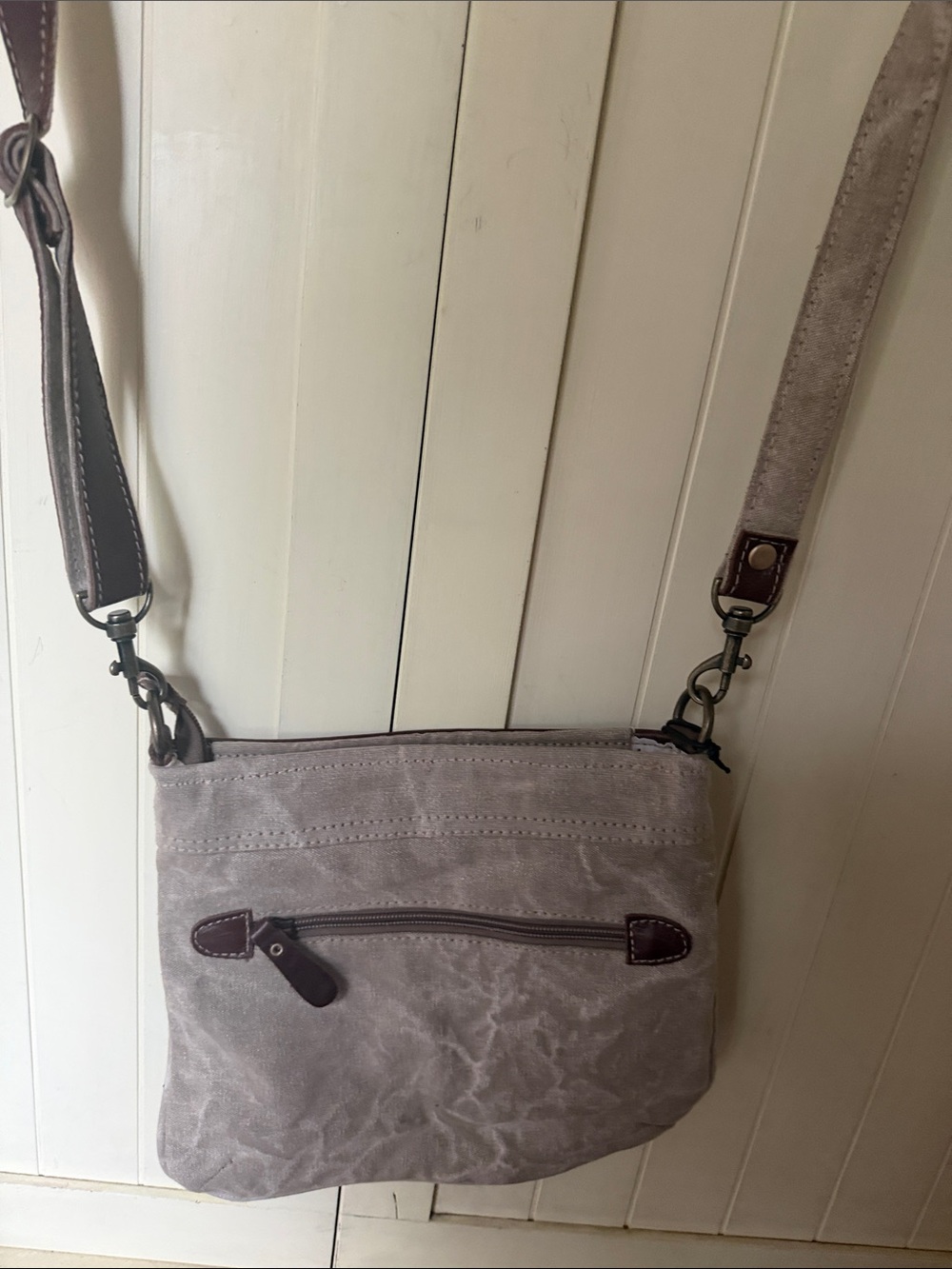 Myra Bag Gray Hair-on-Hide Crossbody with Brown Trim and Patterned Panel NWT - Picture 4 of 7